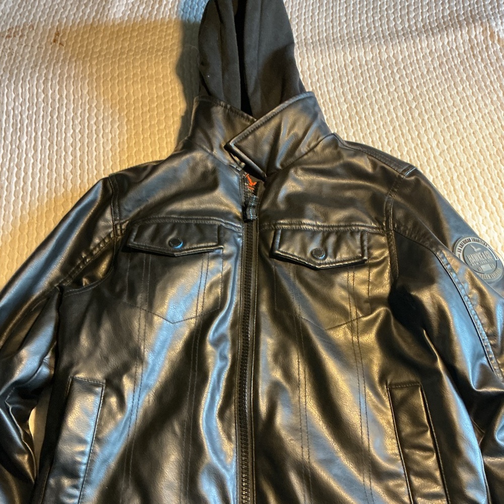 Hawke & Co Black Faux Leather Hooded Bomber Jacket